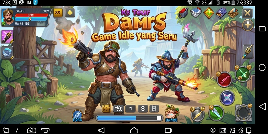 Screenshot utama 73K menampilkan gameplay memasukkan karakter dalam pertempuran Idle.