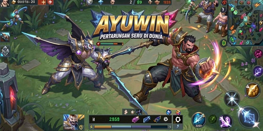 Screenshot gameplay AYUWIN yang menunjukkan pertarungan seru di arena MOBA.