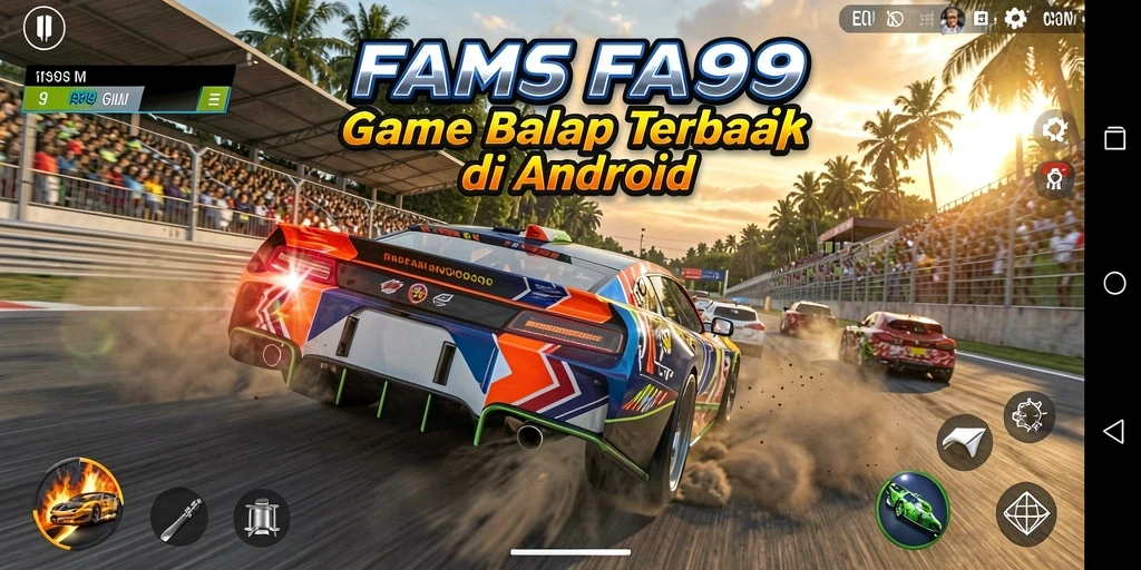 Screenshot menunjukkan aksi balap mendebarkan di FA99 dengan kendaraan keren.