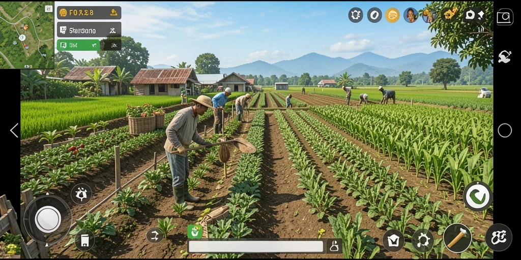 Tampilan gameplay FO8 yang menarik dengan aktivitas bertani.