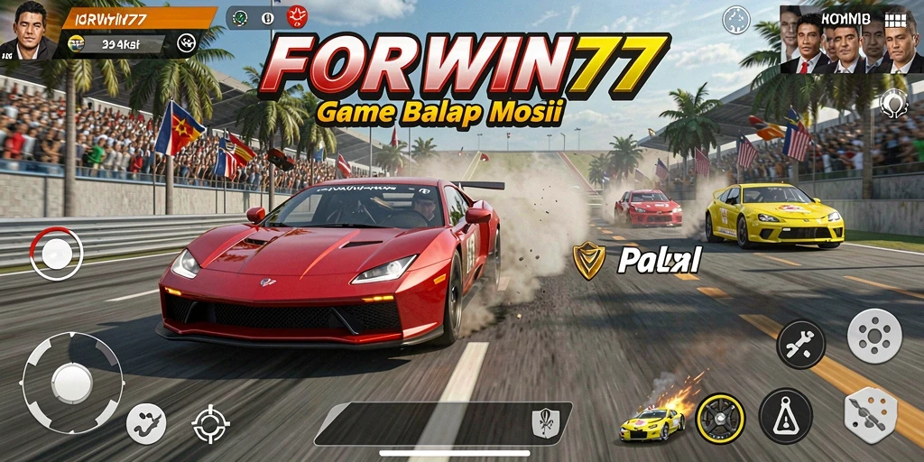 Tangkapan layar gameplay FORWIN77 yang menunjukkan aksi balap mobil.