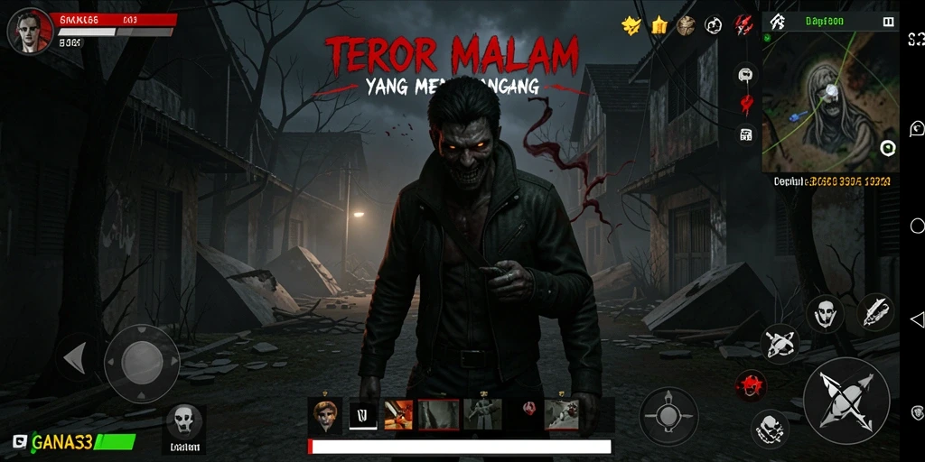 Screenshot gameplay GANAS33 yang menampilkan suasana horor yang mencekam.