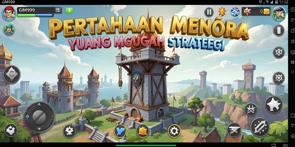 Screenshot gameplay GIM999 menampilkan pertarungan seru dengan menara yang aktif.