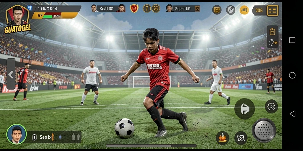 Tampilan gameplay GUATOGEL yang menegangkan saat pertandingan sepak bola.