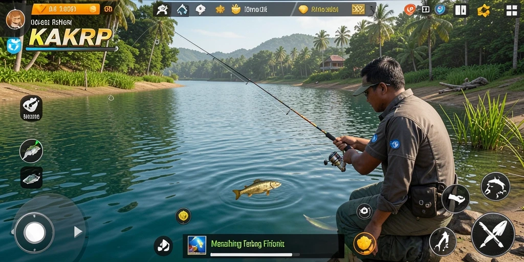 Tampilan gameplay KAKRP saat memancing ikan besar di perairan yang indah.