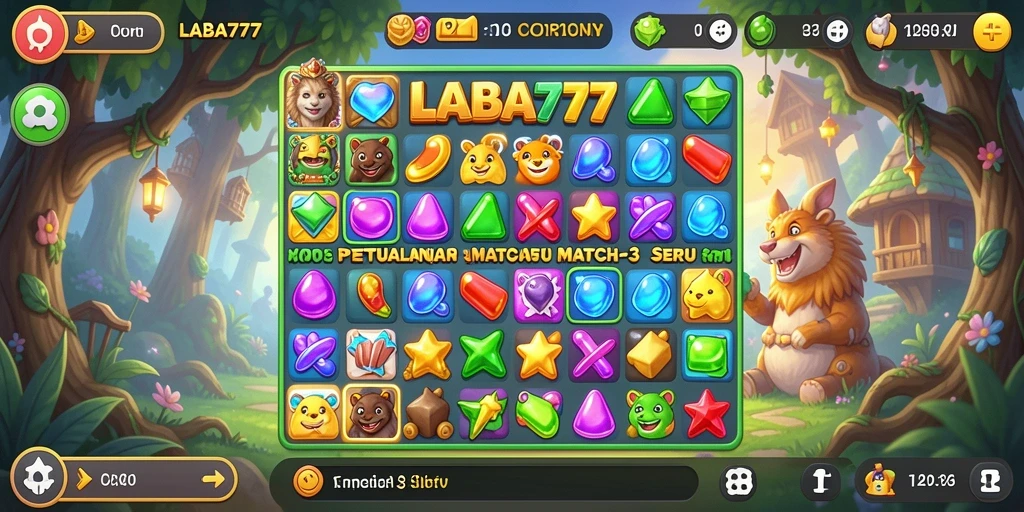 Screenshot menunjukkan gameplay match-3 LABA777 yang penuh warna.