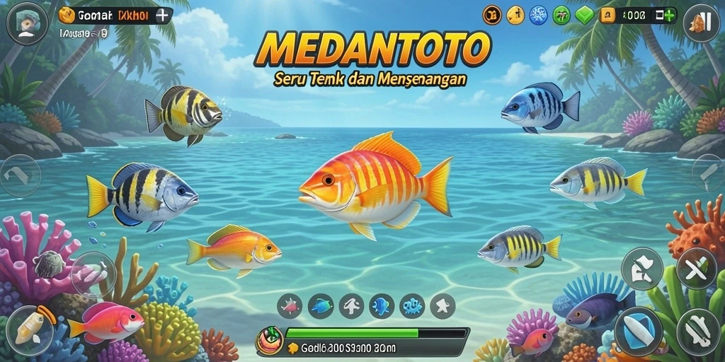 Screenshot gameplay seru dari MEDANTOTO saat menembak ikan berwarna-warni.