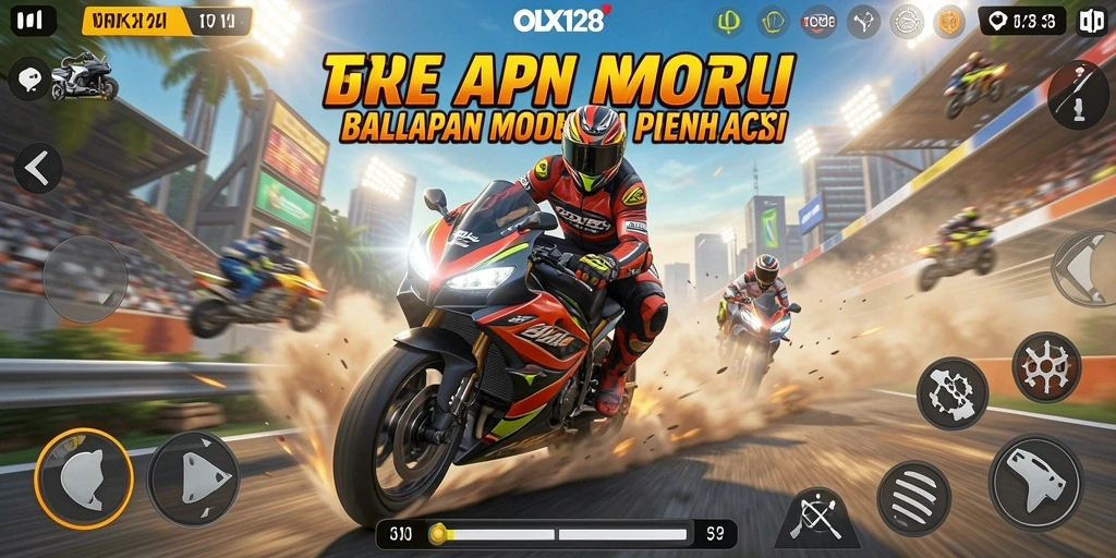 Gameplay seru dan mendebarkan dalam OLX128 saat balapan motor.