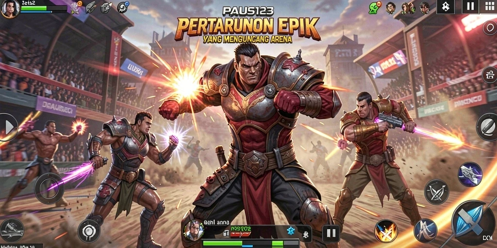 Screenshot utama PAUS123 menampilkan pertarungan epik antara karakter di arena yang dramatis.