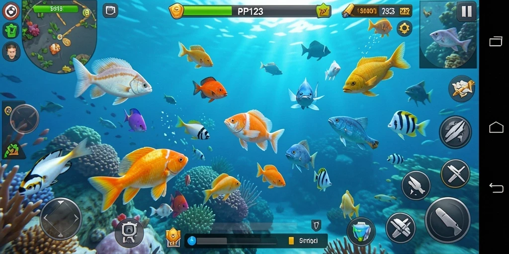 Gameplay seru PP123 dengan berbagai ikan menunggu untuk ditembak.