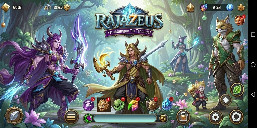 Tampilan gameplay RAJAZEUS yang menampilkan pertarungan epik dan eksplorasi dunia.