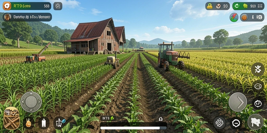 Screenshot dari gameplay RT99 yang menampilkan kebun dengan tanaman yang subur.