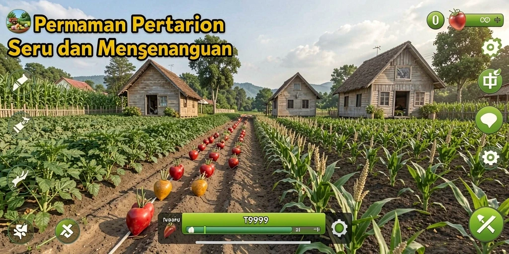 Screenshot gameplay T9999 menampilkan aktivitas pertanian yang menarik.