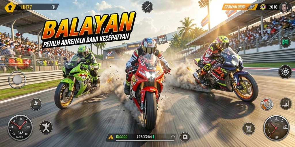 Screenshot gameplay UH77 menampilkan balapan motor yang seru dan intens.