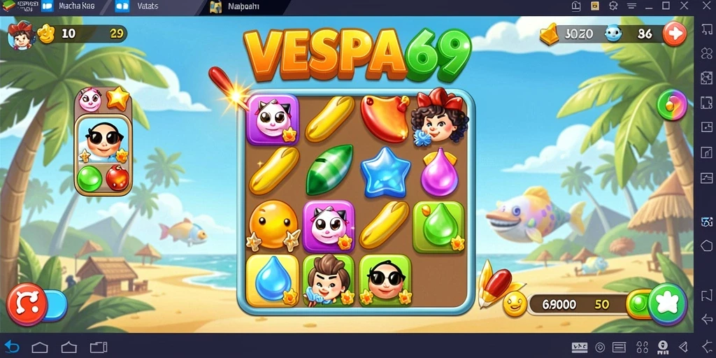 Gameplay VESPA69 dengan batu permata berwarna-warni yang menantang.