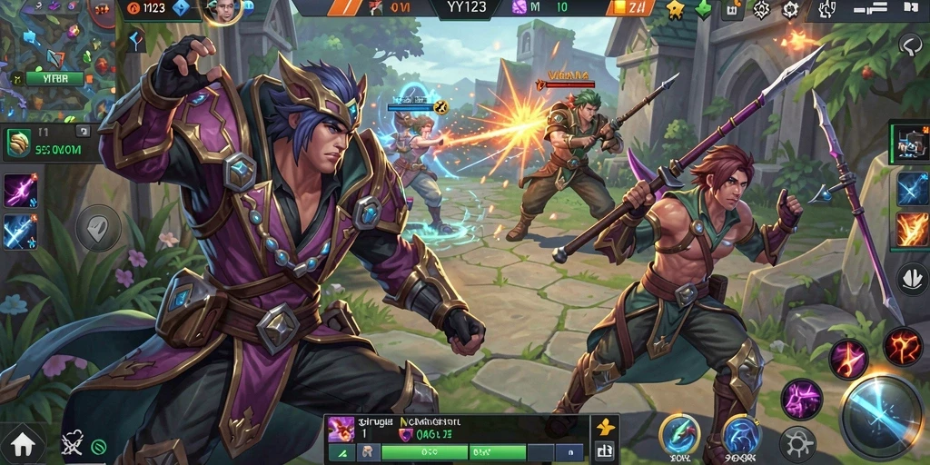 Tampilan aksi seru dari gameplay MOBA YY123 dengan karakter unik.